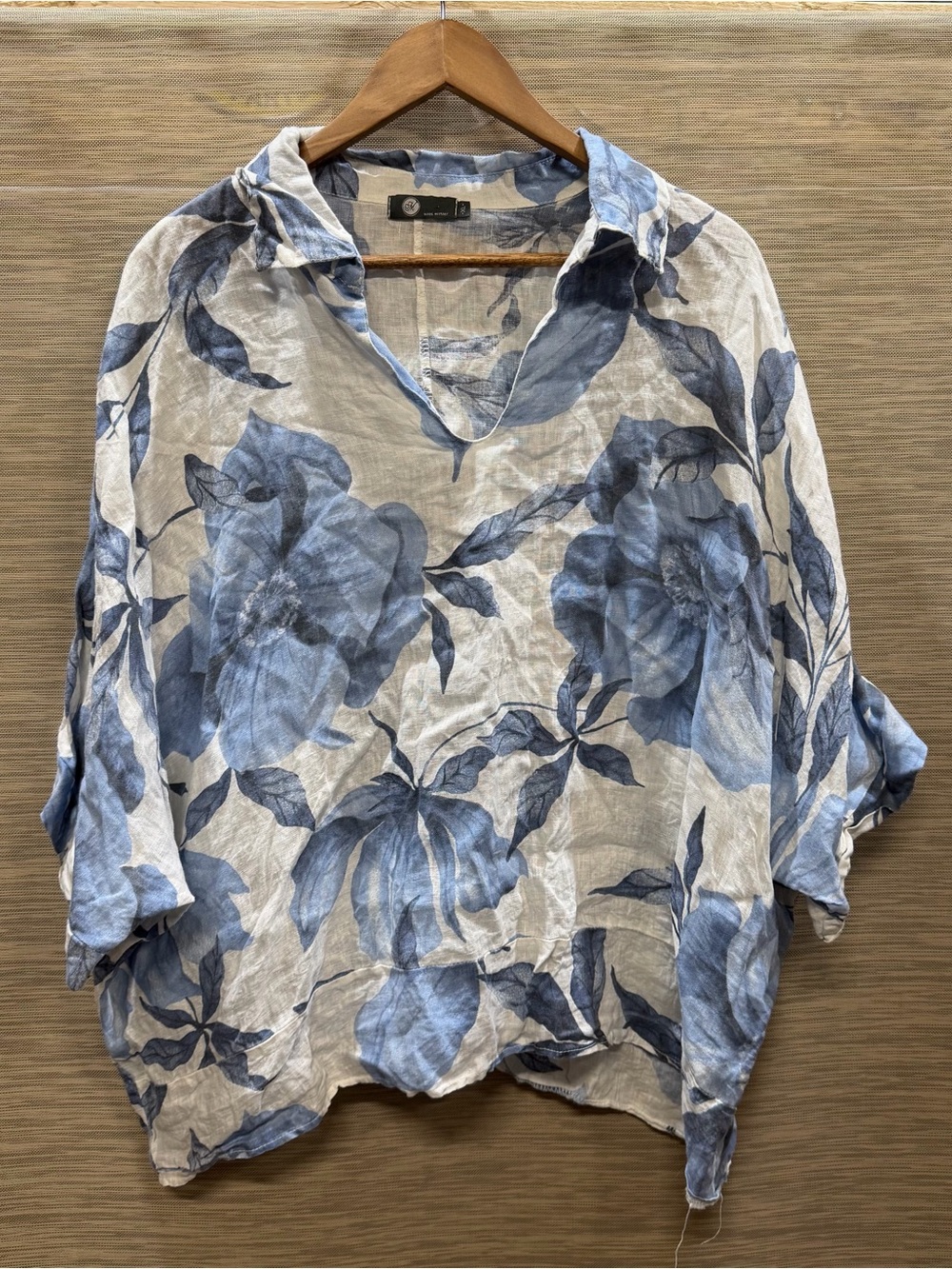 M Made in Italy Blue White Floral Print Linen Tunic Blouse Women’s XL